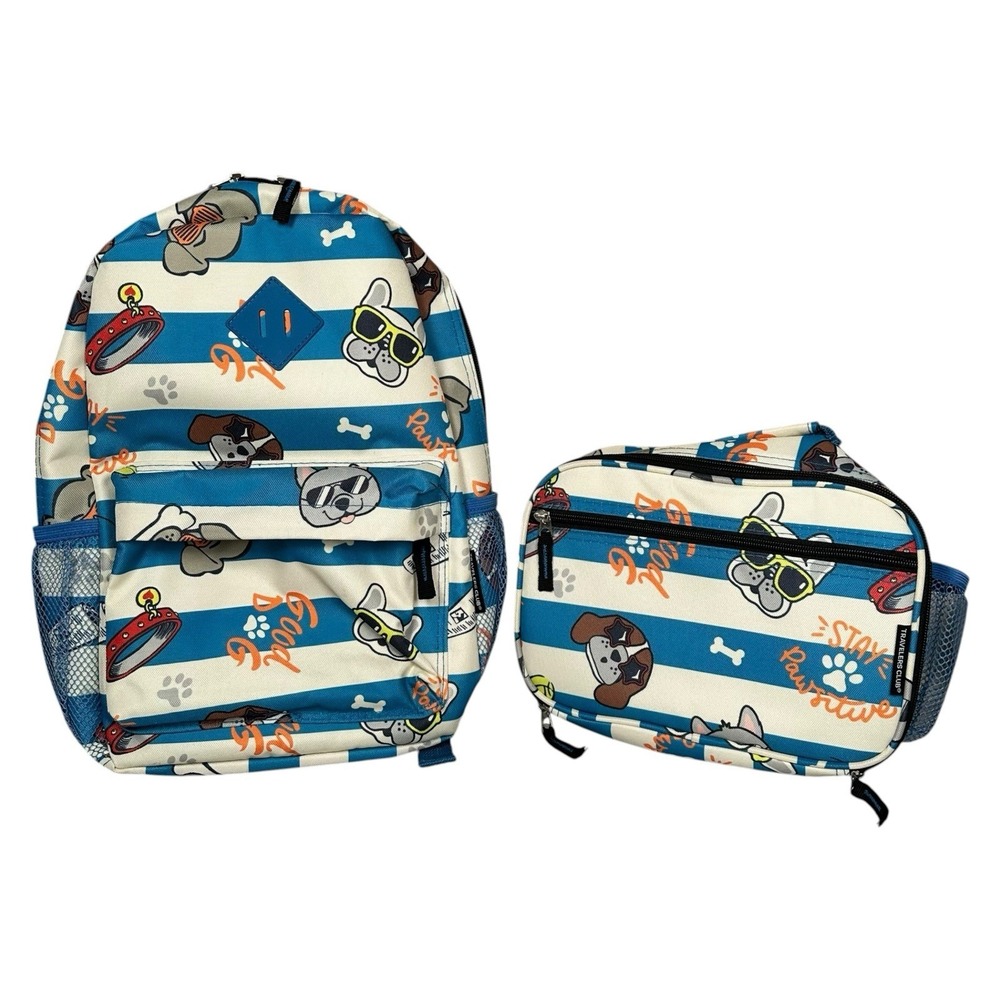 Travelers Club Cool Dog Cartoon 15" Backpack/10" Lunch Paw Print Bones Sunglass